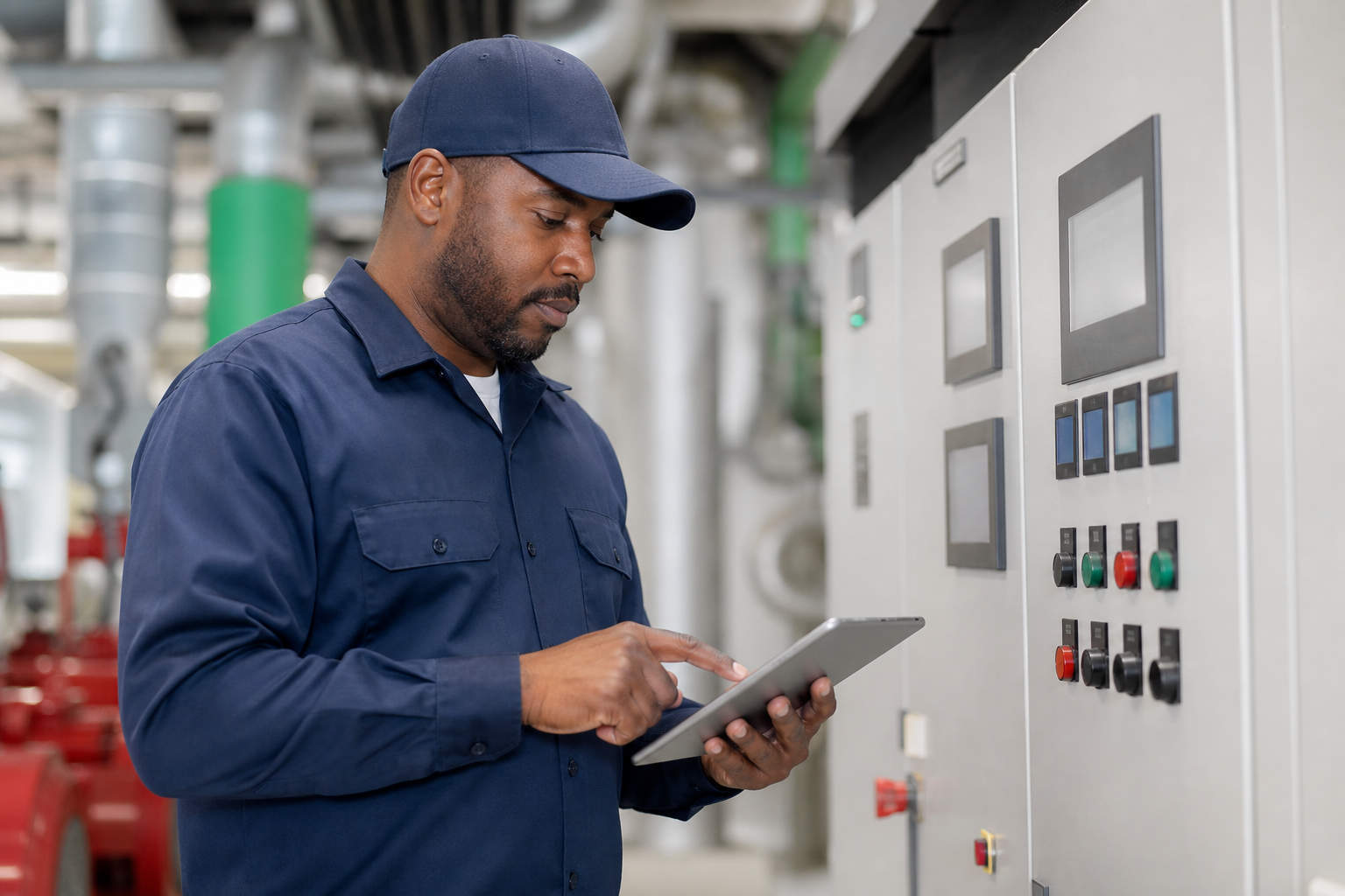 Technician using a tablet at building controls for day-to-day operations