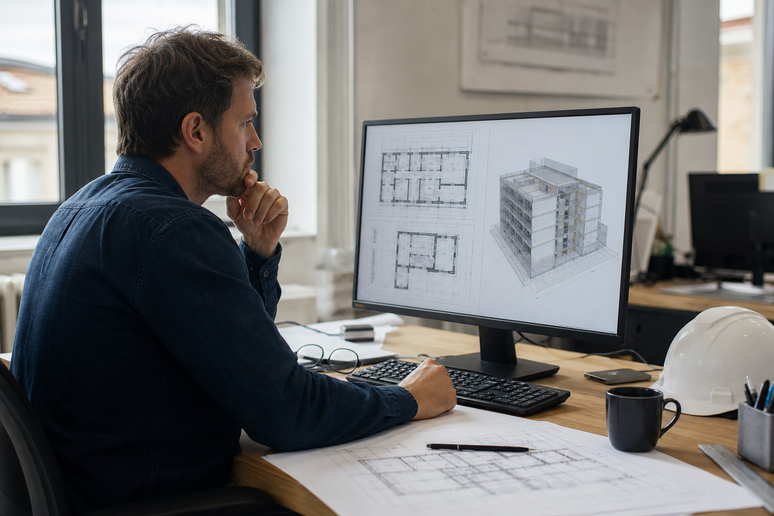 Engineer reviewing building plans and 3D models for operational decisions