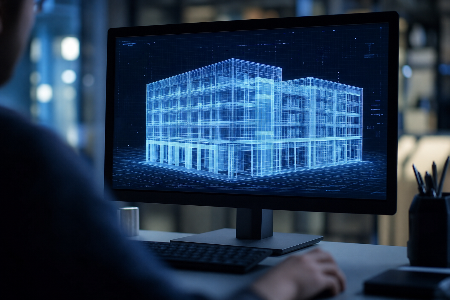 Digital twin style building model on a workstation display