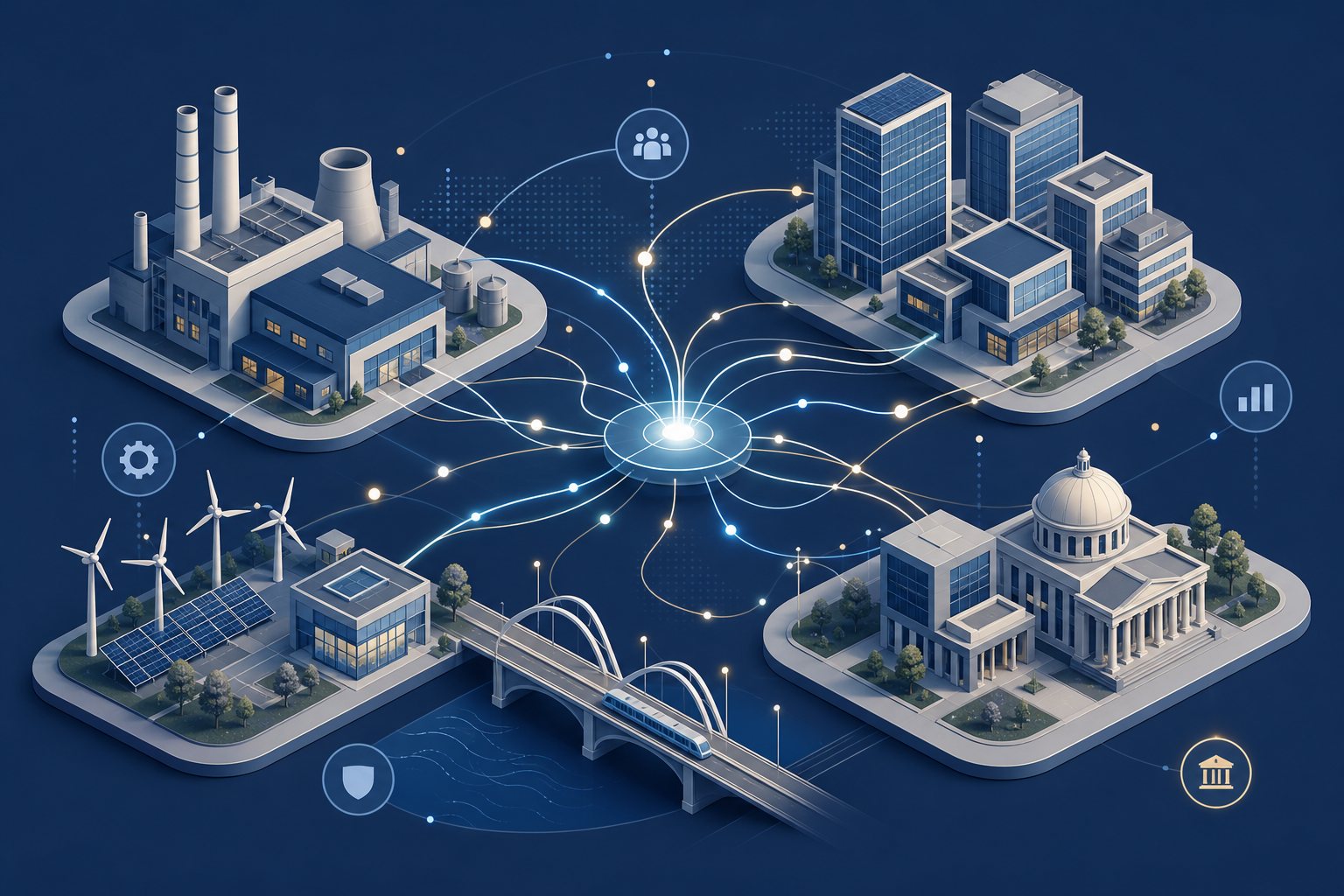 Illustration of buildings and civic systems linked by shared data for industry and public-sector collaboration
