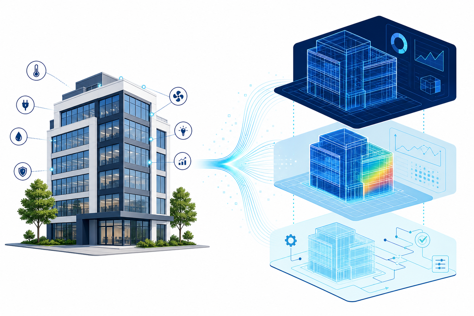 Illustration linking a physical building to a virtual model through data layers