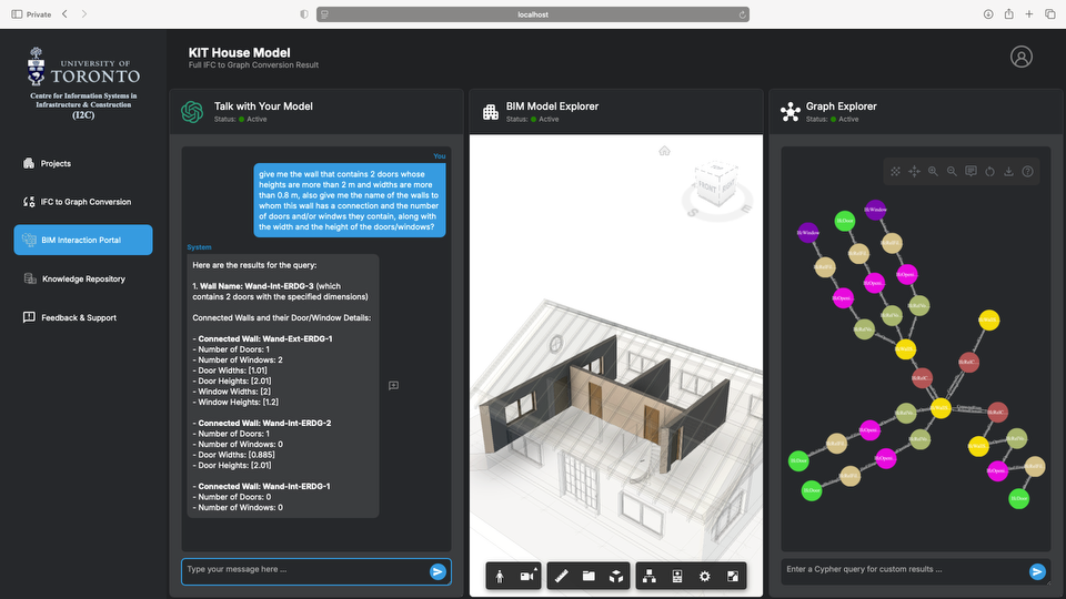 BIMGPT interface: chat with the model, 3D explorer, and graph explorer