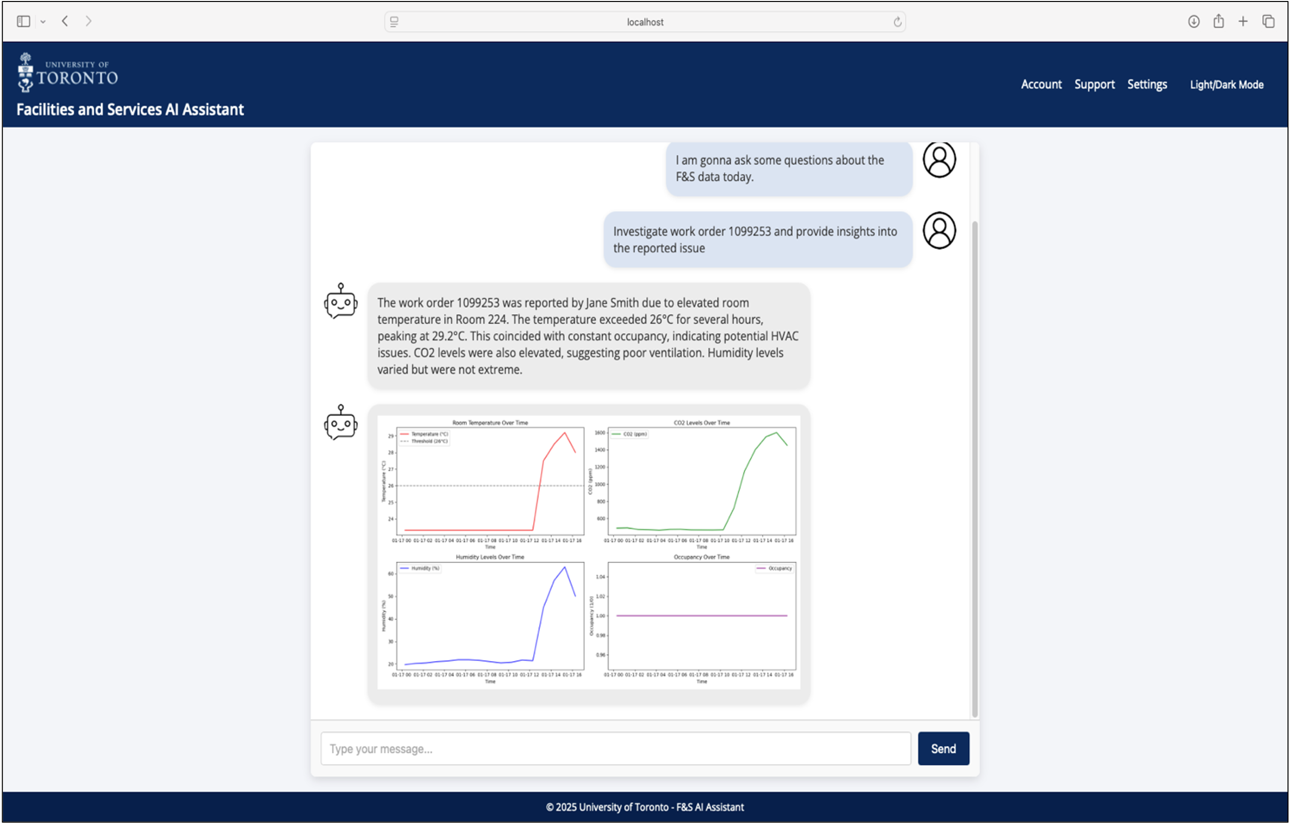 University of Toronto Facilities and Services AI Assistant: chat investigating a work order with linked sensor charts