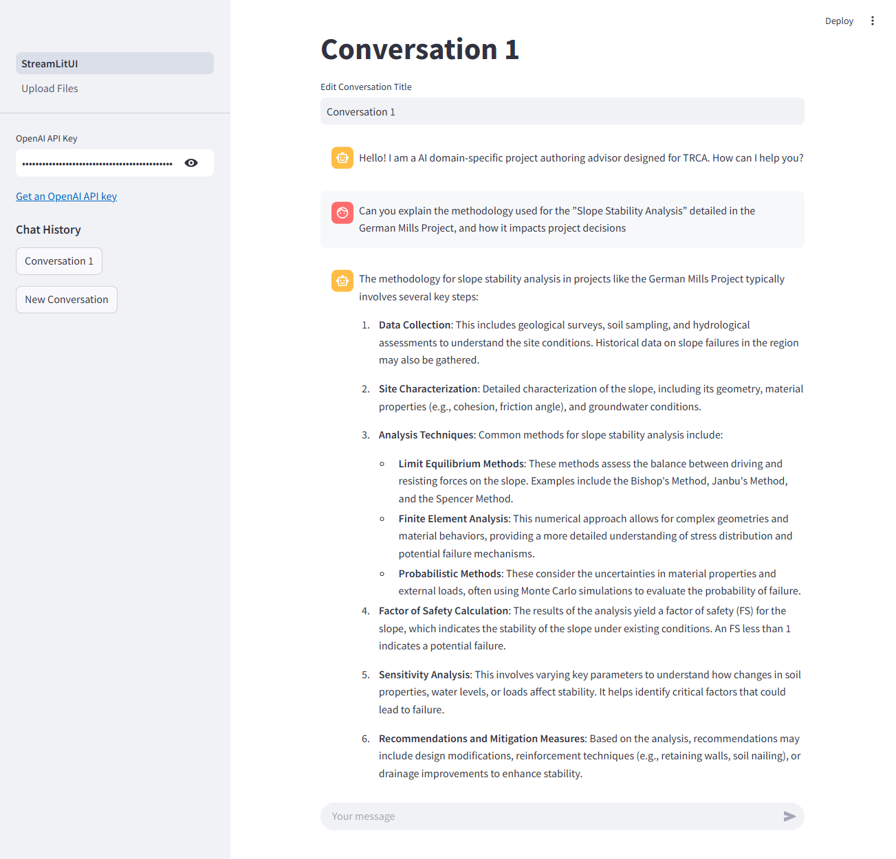 TRCA domain assistant chatbot: Streamlit UI with project and methodology Q&A